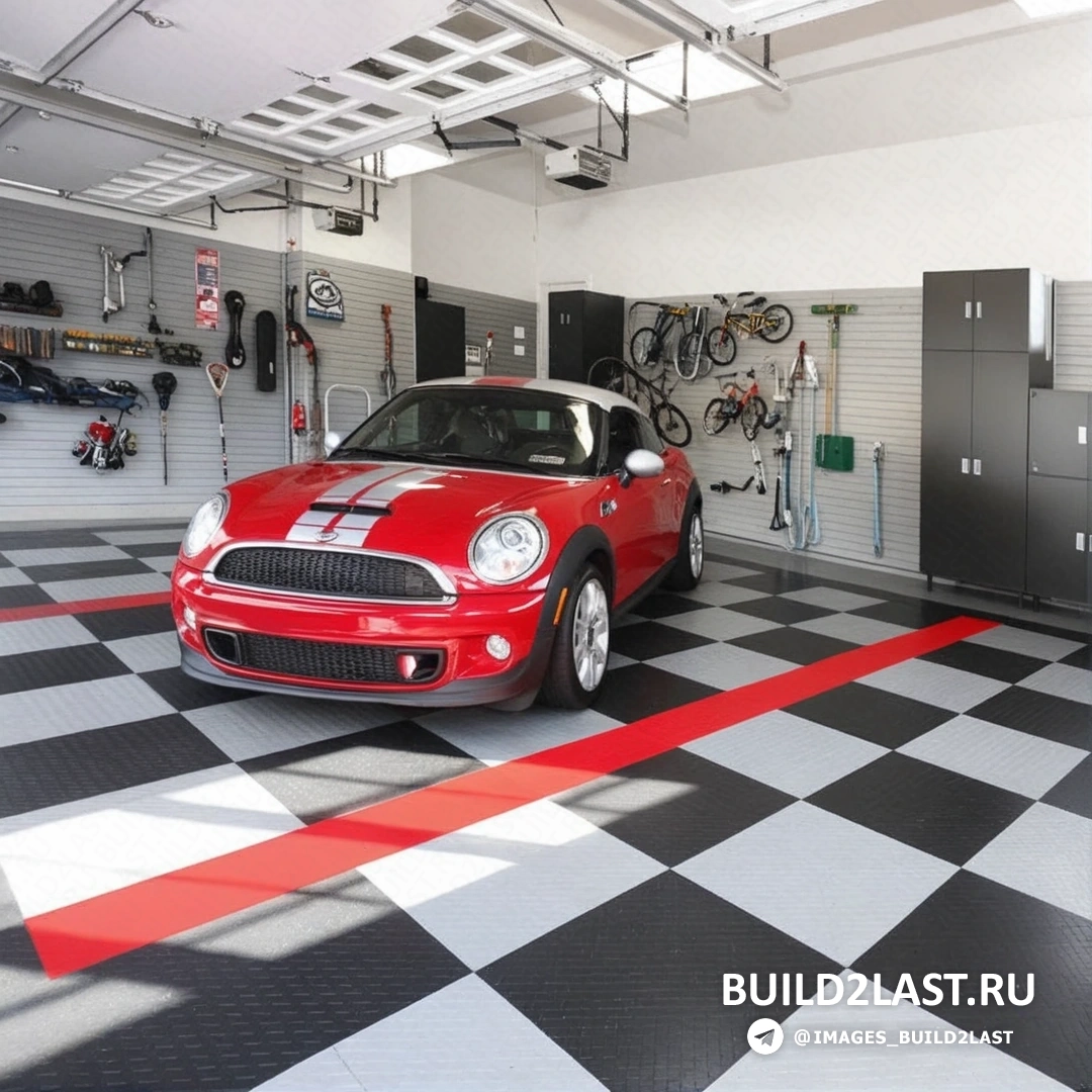 Гараж с системой хранения в белых, серых и черных тонах, с красными акцентами и автомобилем. Стены украшены керамической плиткой, настенными панелями.