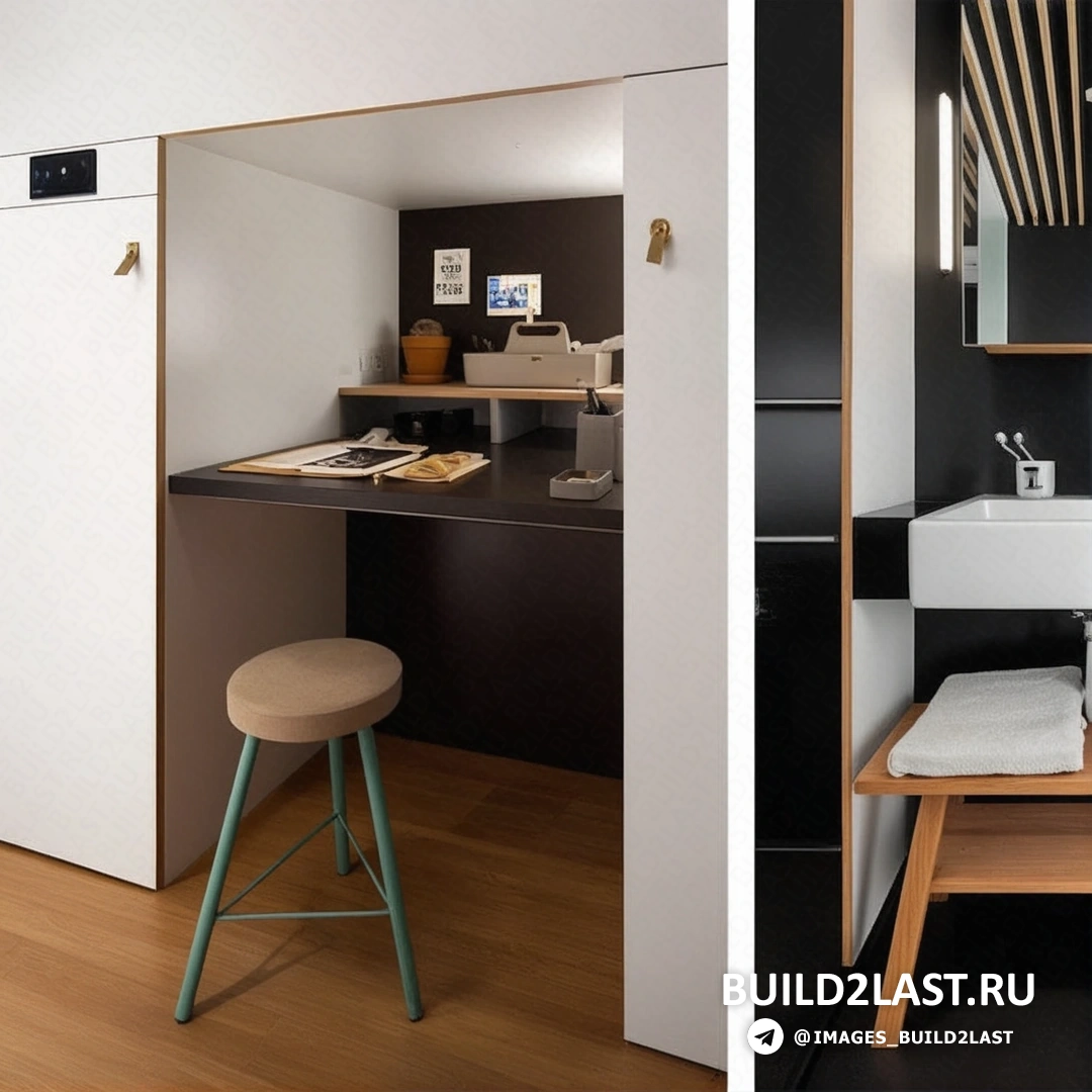 Гостиная с диваном, журнальным столиком и балками в микро-квартире, современный интерьер с открытой кухней и уютной атмосферой