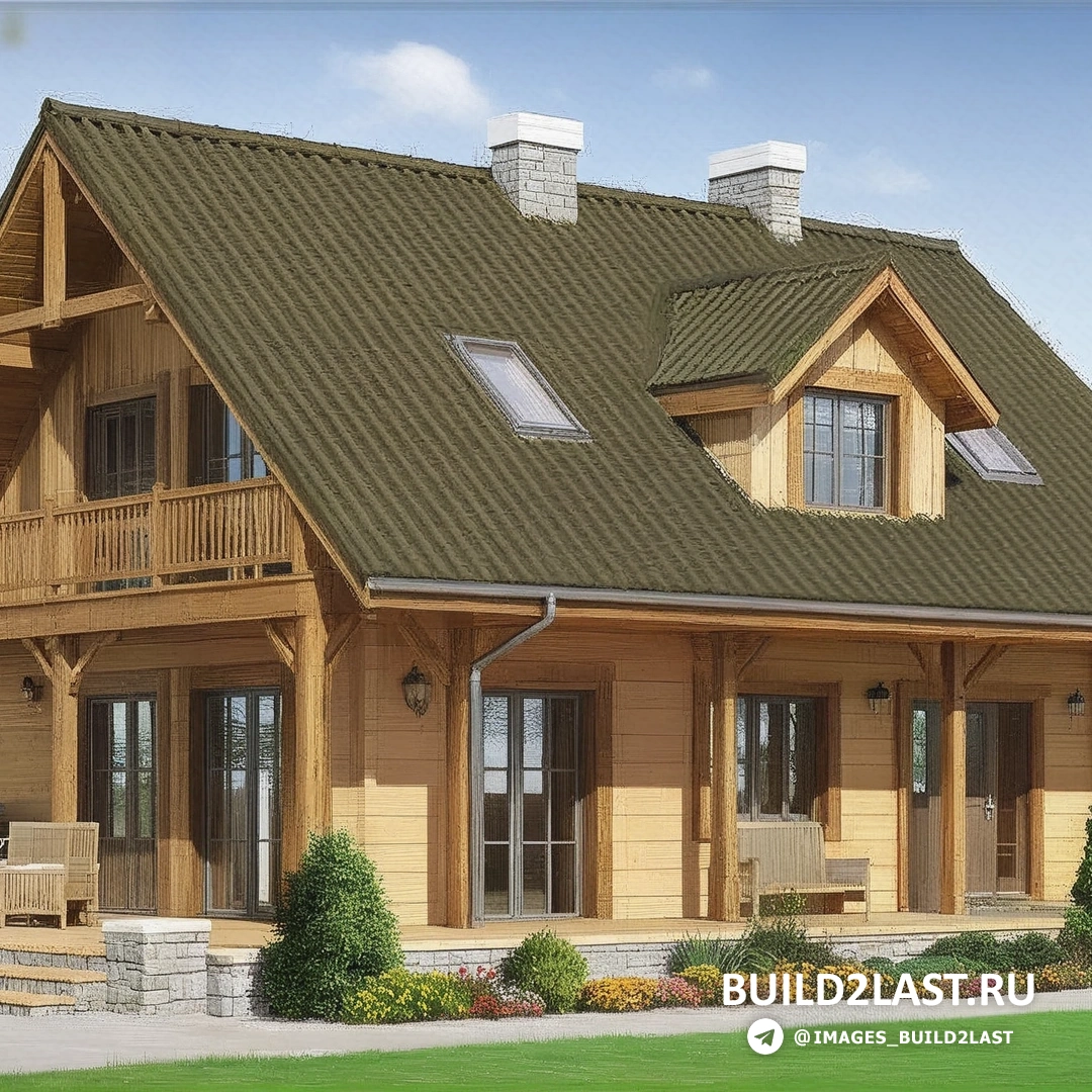 Каркасный дом с фасадными панелями, искусственным камнем и металлической черепицей в коричневых и желтых тонах