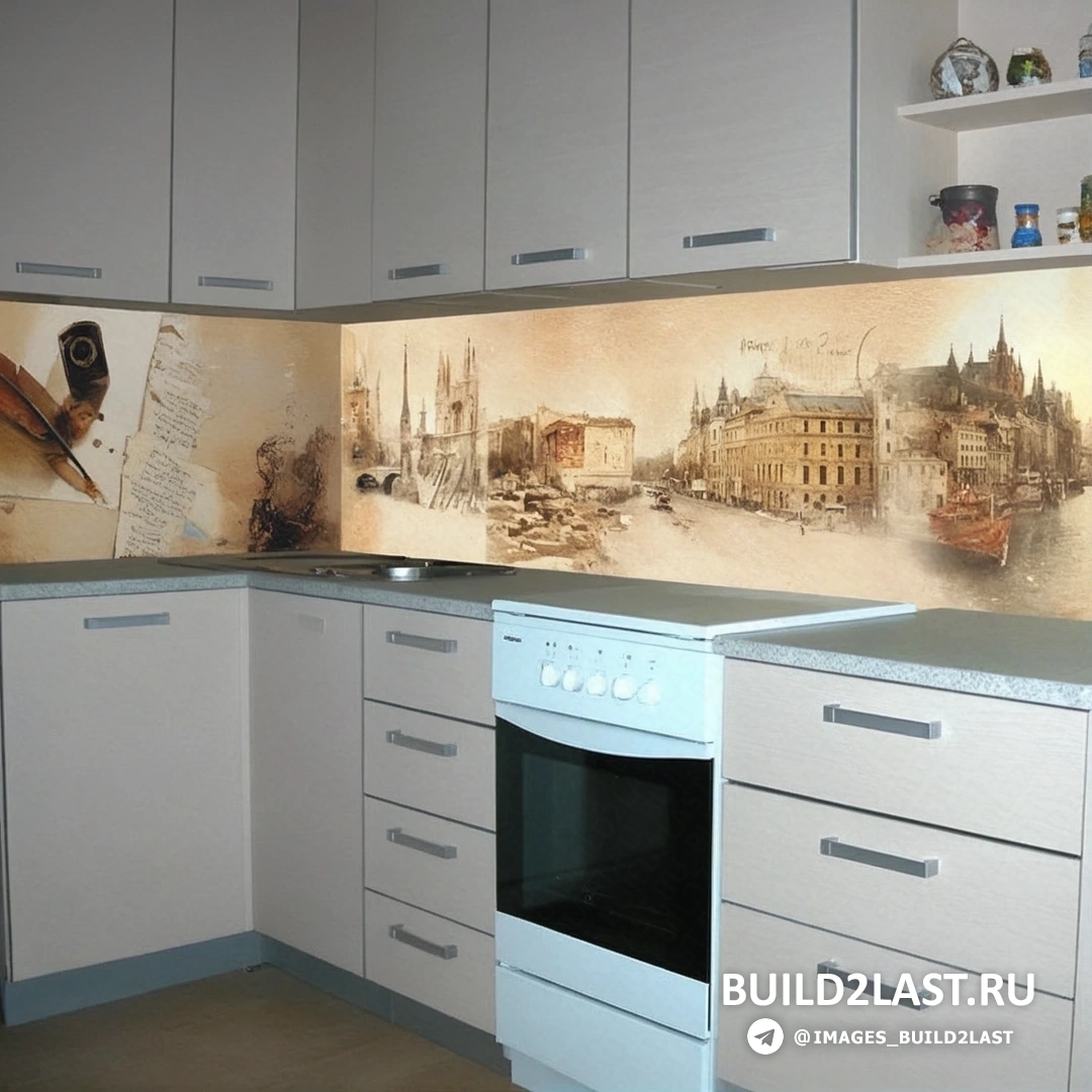 Кухня с ярким стеклянным фартуком, комбинирующим металлик, малиновый и зеленый оттенки в минималистичном стиле.