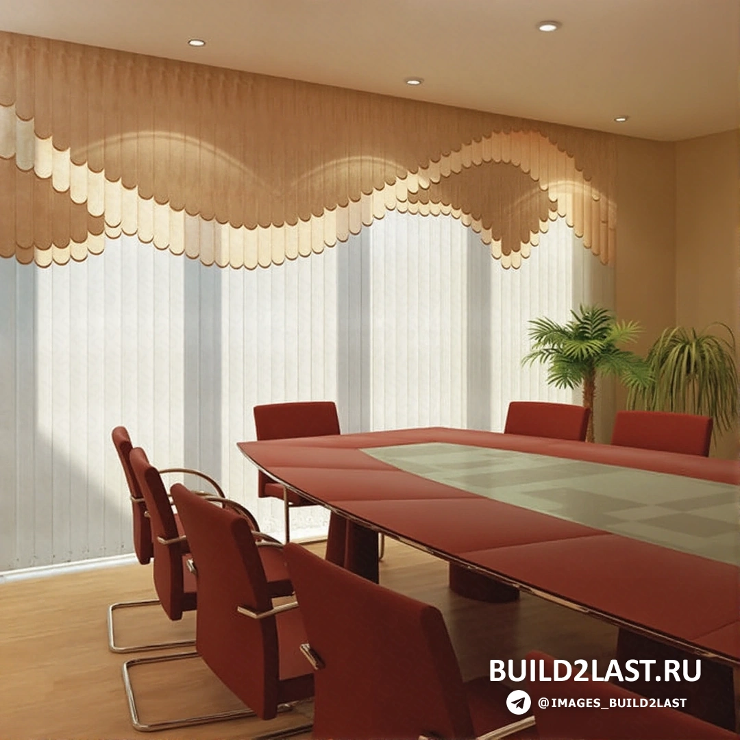 Просторное помещение с белыми и бежевыми жалюзи, создающими светлый интерьер.