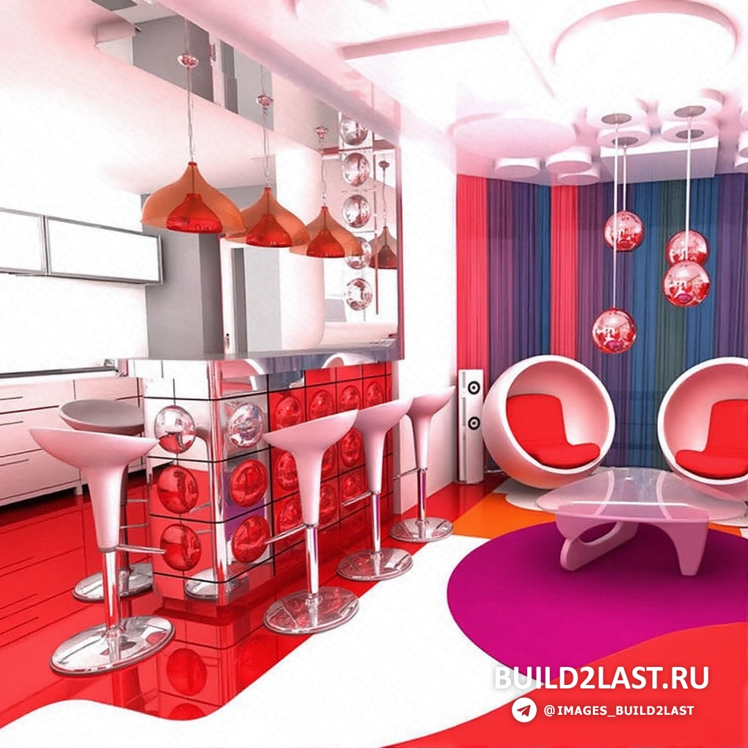 Студия с элементами поп-арт, стена с изображением крупных ярких фигур и геометрических узоров